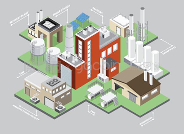 工業建筑等距信息集 工廠與倉庫矢量插圖在商務信息咨詢中的應用